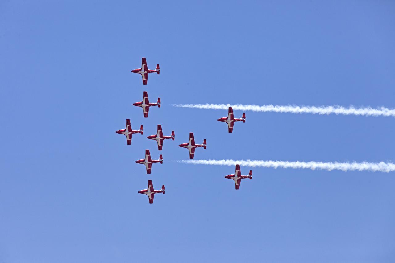 Canadian Forces Snowbirds fly in formation over NASA's Kennedy Space Center in Florida during a practice flight on May 9, 2018, between their scheduled U.S. air shows.