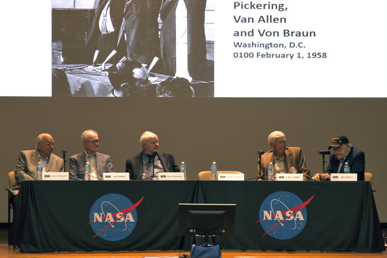 Aerospace pioneers who worked on the launch of Explorer 1 participate in a panel discussion with NASA Kennedy Space Center Director Bob Cabana at the center's Training Auditorium on Wednesday, May 9, 2018. Panelists, from left are William "Curly" Chandler, firing room engineer; Lionel (Ed) Fannin, mechanical and propulsion systems; Terry Greenfield, blockhouse engineer; Carl Jones, measuring branch engineer; and Ike Rigell, electrical networks systems chief. Explorer 1 was the first satellite launched by the U.S. It was launched by the Army Ballistic Missile Agency on Jan. 31, 1958 on a Juno I rocket from Launch Complex-26.