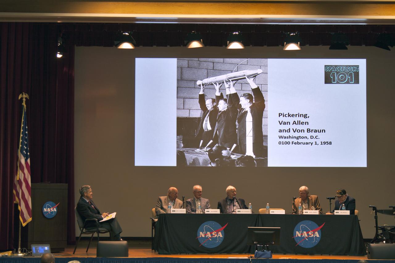 Aerospace pioneers who worked on the launch of Explorer 1 participate in a panel discussion with NASA Kennedy Space Center Director Bob Cabana, at far left, at the center's Training Auditorium on Wednesday, May 9, 2018. Panelists, from left are William "Curly" Chandler, firing room engineer; Lionel (Ed) Fannin, mechanical and propulsion systems; Terry Greenfield, blockhouse engineer; Carl Jones, measuring branch engineer; and Ike Rigell, electrical networks systems chief. Explorer 1 was the first satellite launched by the U.S. It was launched by the Army Ballistic Missile Agency on Jan. 31, 1958 on a Juno I rocket from Launch Complex-26.
