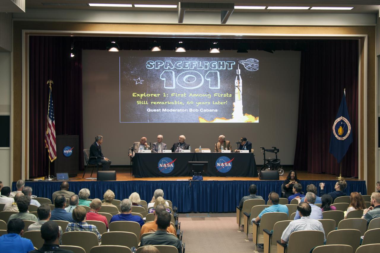 Aerospace pioneers who worked on the launch of Explorer 1 participate in a panel discussion with NASA Kennedy Space Center Director Bob Cabana, at far left, at the center's Training Auditorium on Wednesday, May 9, 2018. Panelists, from left are William "Curly" Chandler, firing room engineer; Lionel (Ed) Fannin, mechanical and propulsion systems; Terry Greenfield, blockhouse engineer; Carl Jones, measuring branch engineer; and Ike Rigell, electrical networks systems chief. Explorer 1 was the first satellite launched by the U.S. It was launched by the Army Ballistic Missile Agency on Jan. 31, 1958 on a Juno I rocket from Launch Complex-26.