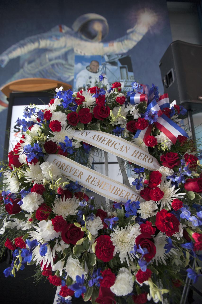 A memorial wreath placed in the Apollo-Saturn V Center of the Kennedy Space Center Visitor Complex on Wednesday, May 30, 2018, honors former NASA astronaut Alan Bean. He was the fourth person to walk on the Moon as lunar module pilot on Apollo 12 in November 1969. He went on to command the 59-day Skylab 3 mission in 1973. He died in Houston on May 26, 2018, at the age of 86.