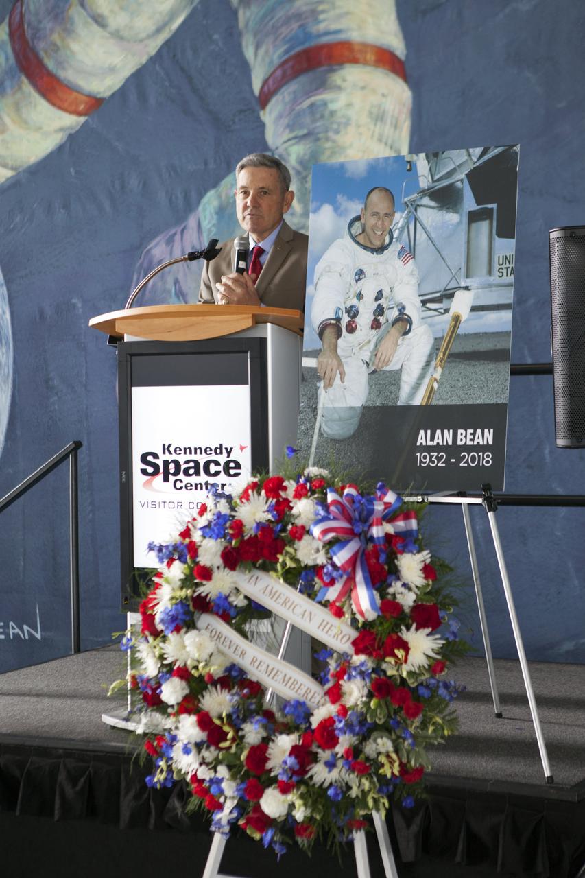 Kennedy Space Center Director Bob Cabana speaks to guests in the Apollo-Saturn V Center at the spaceport's visitor complex on Wednesday, May 30, 2018. The ceremony is honoring the memory of former NASA astronaut Alan Bean. As lunar module pilot on Apollo 12, Bean was the fourth person to walk on the Moon in November 1969. He went on to command the 59-day Skylab 3 mission in 1973. He died in Houston on May 26, 2018, at the age of 86.