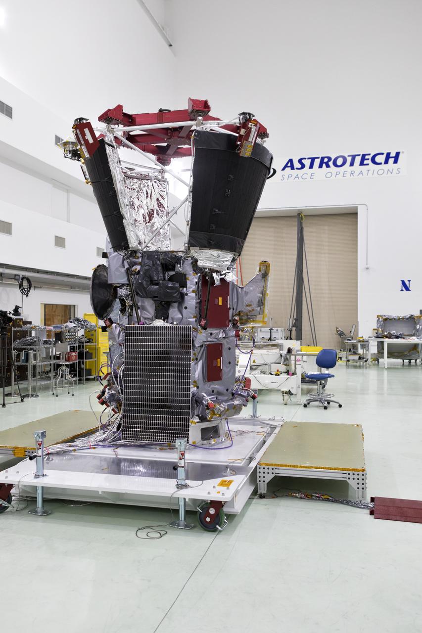 NASA's Parker Solar Probe solar arrays are deployed for testing at the Astrotech processing facility in Titusville, Florida, near NASA's Kennedy Space Center on Sunday, June 3, 2018. The Parker Solar Probe will launch on a United Launch Alliance Delta IV Heavy rocket from Space Launch Complex 37 at Cape Canaveral Air Force Station in Florida no earlier than Aug. 4, 2018. The mission will perform the closest-ever observations of a star when it travels through the Sun's atmosphere, called the corona. The probe will rely on measurements and imaging to revolutionize our understanding of the corona and the Sun-Earth connection.