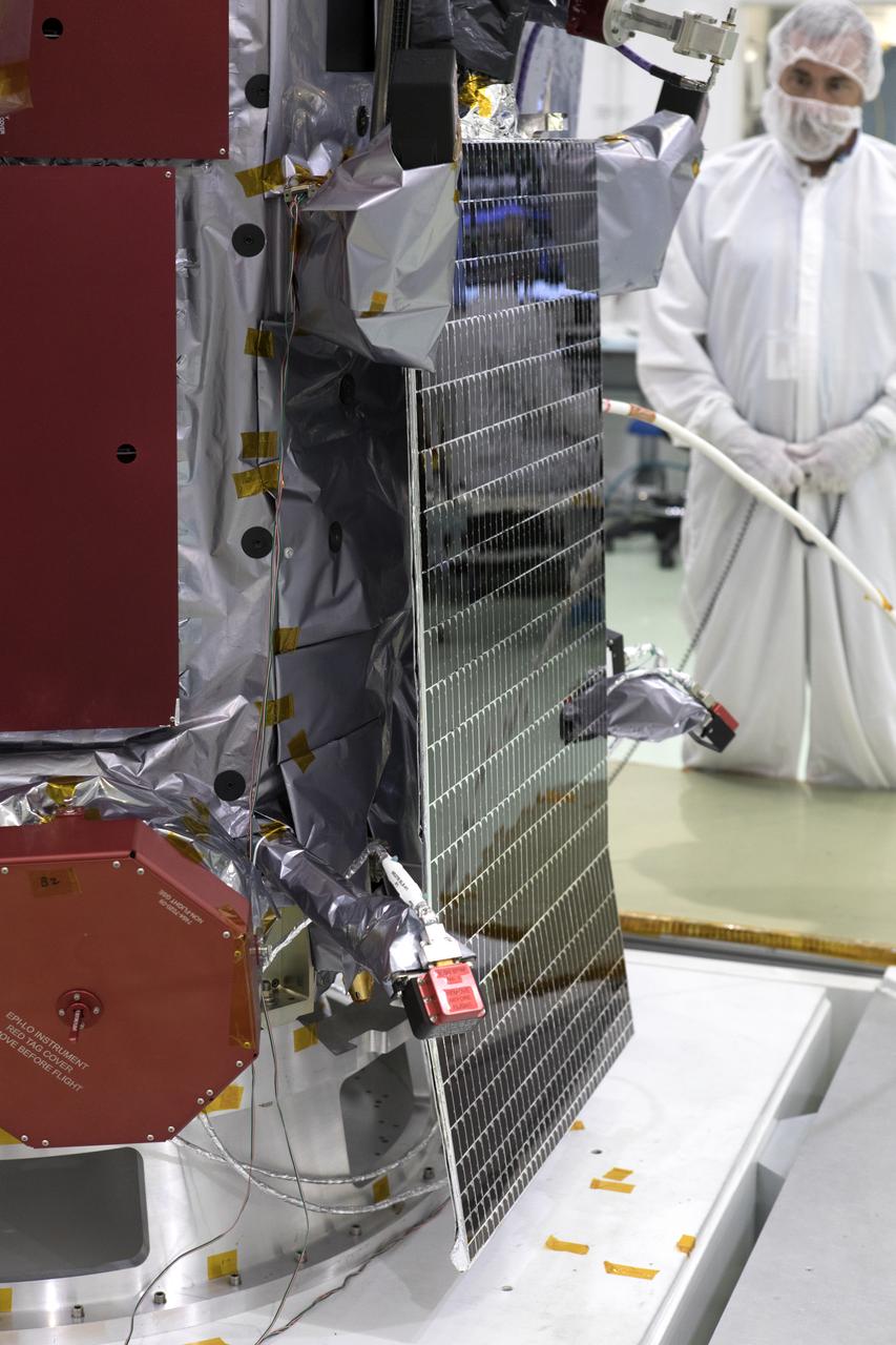 NASA's Parker Solar Probe solar arrays are deployed for testing at the Astrotech processing facility in Titusville, Florida, near NASA's Kennedy Space Center on Sunday, June 3, 2018. The Parker Solar Probe will launch on a United Launch Alliance Delta IV Heavy rocket from Space Launch Complex 37 at Cape Canaveral Air Force Station in Florida no earlier than Aug. 4, 2018. The mission will perform the closest-ever observations of a star when it travels through the Sun's atmosphere, called the corona. The probe will rely on measurements and imaging to revolutionize our understanding of the corona and the Sun-Earth connection.