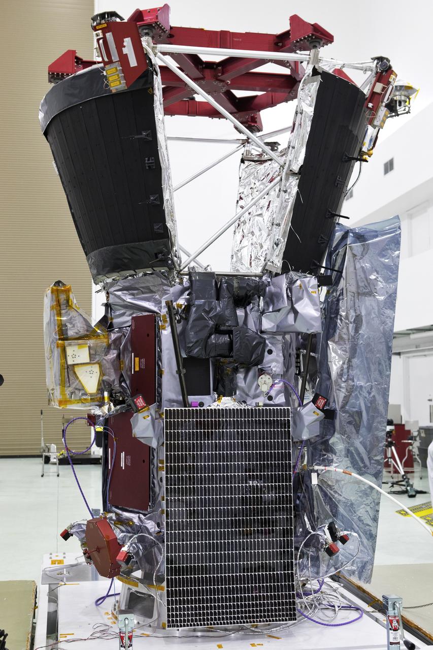 NASA's Parker Solar Probe solar arrays are deployed for testing at the Astrotech processing facility in Titusville, Florida, near NASA's Kennedy Space Center on Sunday, June 3, 2018. The Parker Solar Probe will launch on a United Launch Alliance Delta IV Heavy rocket from Space Launch Complex 37 at Cape Canaveral Air Force Station in Florida no earlier than Aug. 4, 2018. The mission will perform the closest-ever observations of a star when it travels through the Sun's atmosphere, called the corona. The probe will rely on measurements and imaging to revolutionize our understanding of the corona and the Sun-Earth connection.