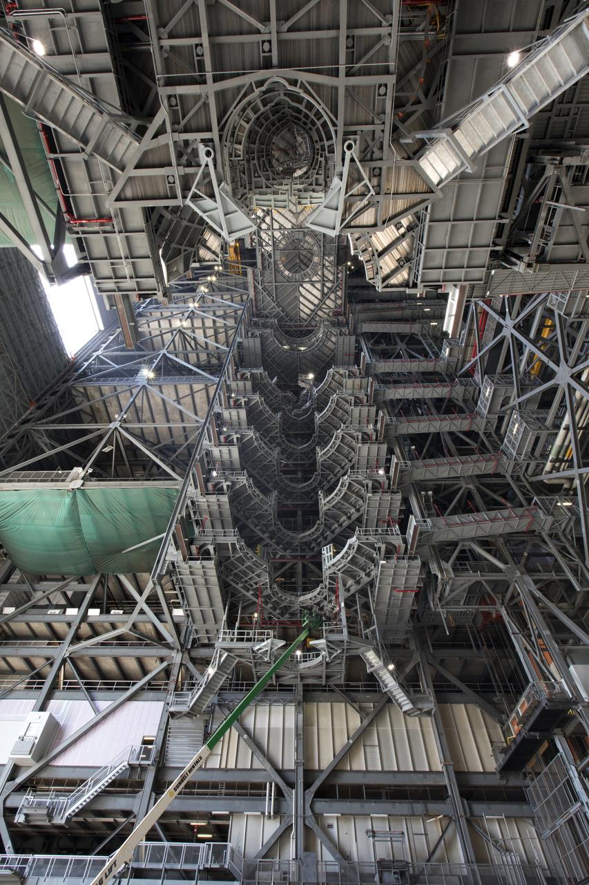 A view looking up at one side of the 10 levels of work platforms in High Bay 3 inside the Vehicle Assembly Building (VAB) at NASA's Kennedy Space Center in Florida. The work platforms will surround and provide access for service and processing of NASA's Space Launch System rocket and Orion spacecraft. Exploration Ground Systems oversaw the upgrades and installation of the new work platforms to support the launch of the SLS and Orion on Exploration Mission-1 and deep space missions.
