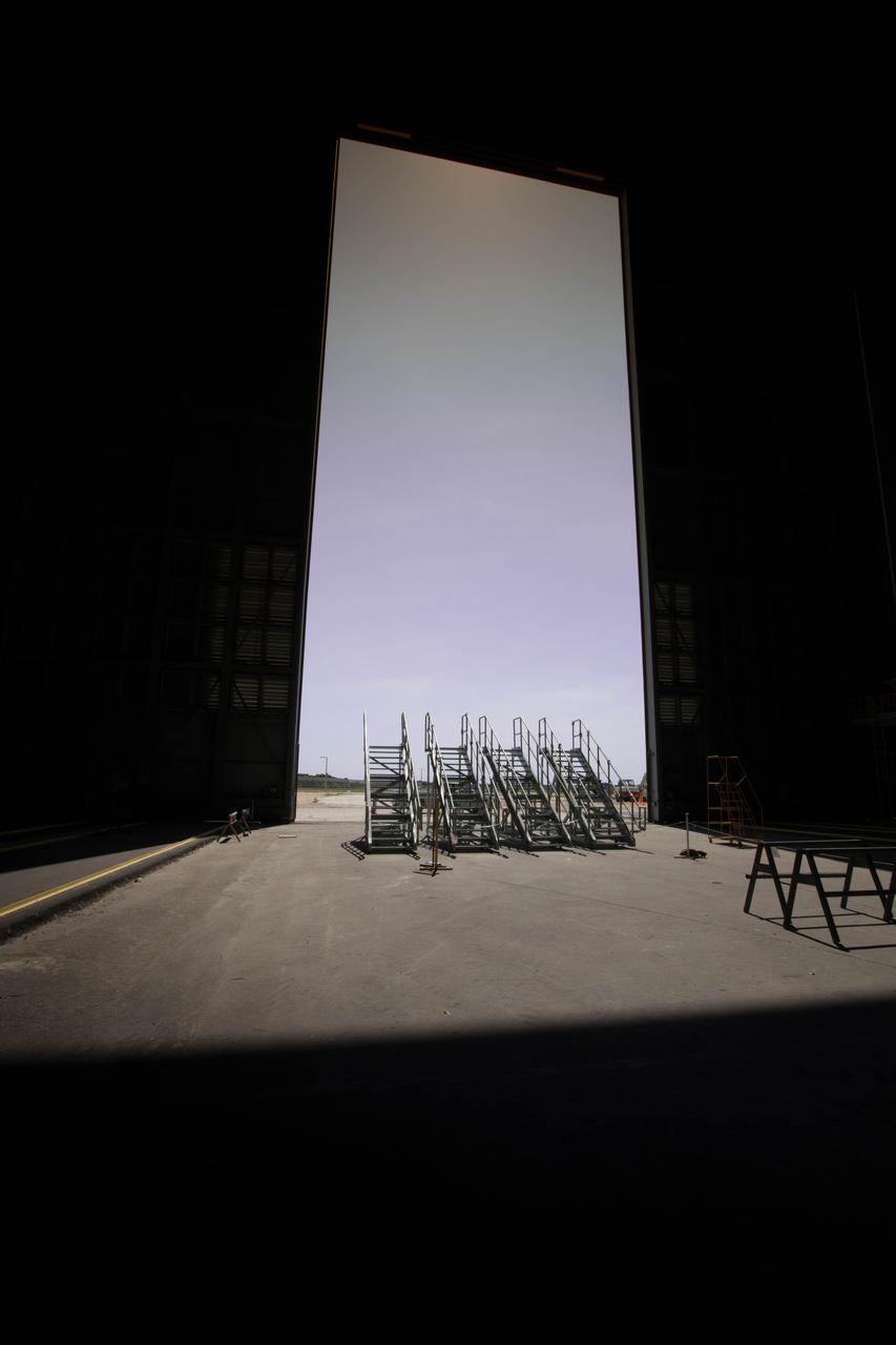 A view looking at High Bay 3 in the Vehicle Assembly Building (VAB) at NASA's Kennedy Space Center in Florida. Ten levels of new work platforms have been installed in High Bay 3. They will surround and provide access for service and processing of NASA's Space Launch System rocket and Orion spacecraft. Exploration Ground Systems oversaw the upgrades and installation of the new work platforms to support the launch of the SLS and Orion on Exploration Mission-1 and deep space missions.