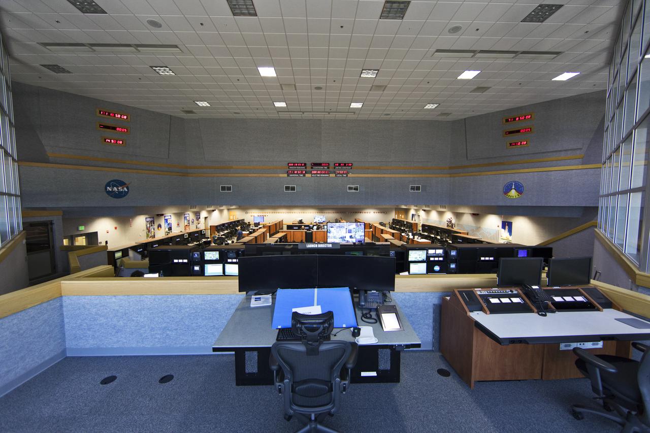 A view of Firing Room 1 in the Launch Control Center (LCC) at NASA's Kennedy Space Center in Florida. The Apollo and shuttle-era firing rooms in the LCC have been upgraded. The upper deck includes a work station in development for the EM-1 launch director. Exploration Ground Systems upgraded Firing Room 1 to support the launch of NASA's Space Launch System rocket and Orion spacecraft on Exploration Mission-1 and deep space missions.