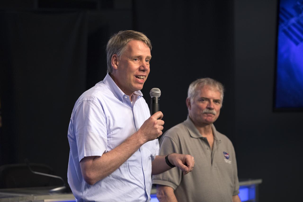 Oliver Steinbock, left, principal investigator, Florida State University, and Richard Grugel, principal investigator, NASA’s Marshall Spaceflight Center, speak to members of the media during a briefing in the Kennedy Space Center’s Press Site auditorium. The briefing focused on research planned for launch to the International Space Station. The scientific materials and supplies will be aboard a SpaceX Dragon spacecraft scheduled for liftoff from Cape Canaveral Air Force Station's Space Launch Complex 40. The SpaceX Falcon 9 rocket will launch the company's 15th Commercial Resupply Services mission to the space station.
