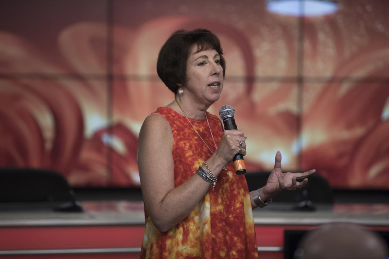 In the Kennedy Space Center’s Press Site auditorium, on Friday, July 20, 2018, Nicky Fox, project scientist with the Johns Hopkins University Applied Physics Laboratory, speaks to members of the media during a prelaunch mission briefing for the Parker Solar Probe mission. The Parker Solar Probe will lift off on a United Launch Alliance Delta IV Heavy rocket from Space Launch Complex 37 at Cape Canaveral Air Force Station in Florida. The spacecraft was built by Applied Physics Laboratory of Johns Hopkins University in Laurel in Maryland. The mission will perform the closest-ever observations of a star when it travels through the Sun's atmosphere, called the corona. The probe will rely on measurements and imaging to revolutionize understanding of the corona and the Sun-Earth connection.