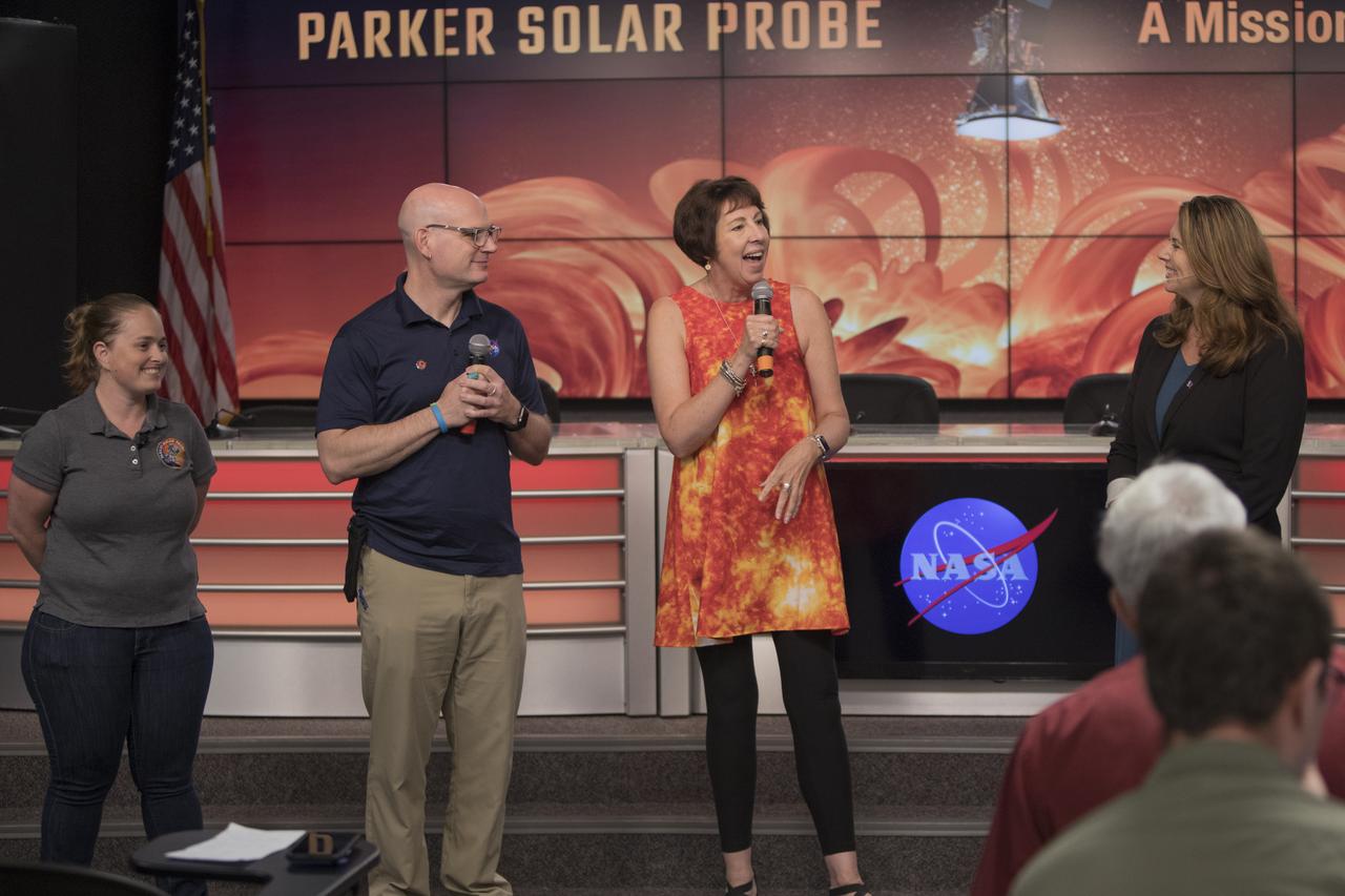 In the Kennedy Space Center’s Press Site auditorium, on Friday, July 20, 2018, agency and mission leaders speak to members of the media during a prelaunch briefing for the Parker Solar Probe mission. From left are: Betsy Congdon, Thermal Protection System engineer with Johns Hopkins Applied Physics Laboratory, Alex Young, solar scientist at NASA's Goddard Space Flight Center in Greenbelt, Maryland, Nicky Fox, project scientist with the Johns Hopkins University APL, and Karen Fox of NASA Communications. The Parker Solar Probe will lift off on a United Launch Alliance Delta IV Heavy rocket from Space Launch Complex 37 at Cape Canaveral Air Force Station in Florida. The spacecraft was built by Applied Physics Laboratory of Johns Hopkins University in Laurel in Maryland. The mission will perform the closest-ever observations of a star when it travels through the Sun's atmosphere, called the corona. The probe will rely on measurements and imaging to revolutionize understanding of the corona and the Sun-Earth connection.
