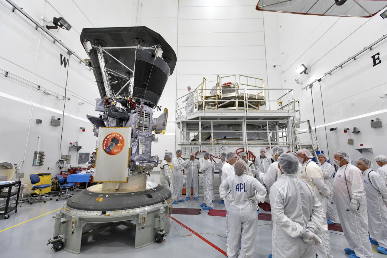 In the Astrotech processing facility in Titusville, Florida, near NASA's Kennedy Space Center, on Wednesday, July 11, 2018, technicians and engineers prepare to mate NASA's Parker Solar Probe to its third stage, built and tested by Northrup Grumman in Chandler Arizona. The Parker Solar Probe will launch on a United Launch Alliance Delta IV Heavy rocket from Space Launch Complex 37 at Cape Canaveral Air Force Station in Florida. The mission will perform the closest-ever observations of a star when it travels through the Sun's atmosphere, called the corona. The probe will rely on measurements and imaging to revolutionize our understanding of the corona and the Sun-Earth connection.
