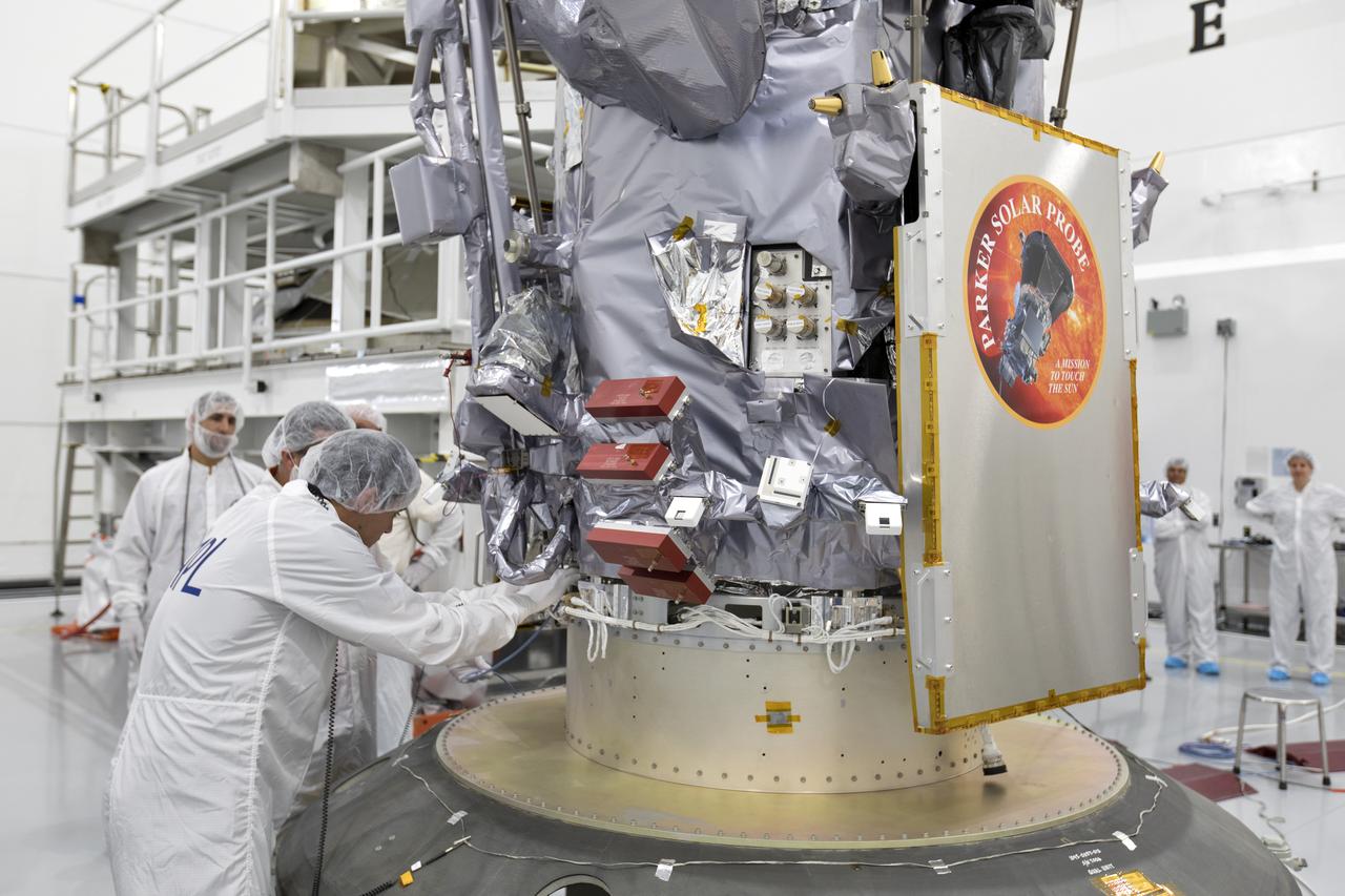 In the Astrotech processing facility in Titusville, Florida, near NASA's Kennedy Space Center, on Wednesday, July 11, 2018, technicians and engineers prepare to mate NASA's Parker Solar Probe to its third stage, built and tested by Northrup Grumman in Chandler Arizona. The Parker Solar Probe will launch on a United Launch Alliance Delta IV Heavy rocket from Space Launch Complex 37 at Cape Canaveral Air Force Station in Florida. The mission will perform the closest-ever observations of a star when it travels through the Sun's atmosphere, called the corona. The probe will rely on measurements and imaging to revolutionize our understanding of the corona and the Sun-Earth connection.