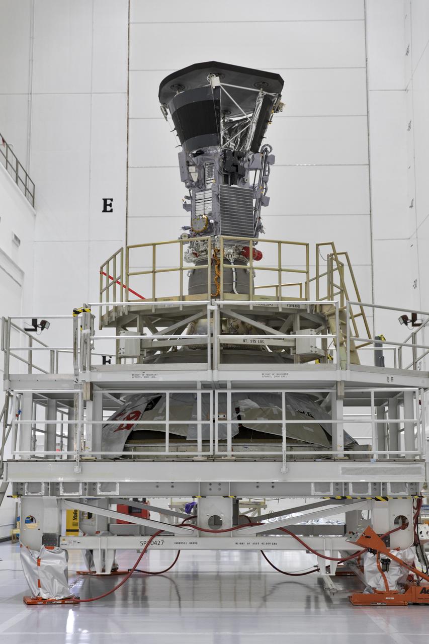 NASA's Parker Solar Probe stands inside the airlock at Astrotech processing facility in Titusville, Florida, near NASA's Kennedy Space Center, on Friday, July 13, 2018. The Parker Solar Probe will launch on a United Launch Alliance Delta IV Heavy rocket from Space Launch Complex 37 at Cape Canaveral Air Force Station in Florida. The mission will perform the closest-ever observations of a star when it travels through the Sun's atmosphere, called the corona. The probe will rely on measurements and imaging to revolutionize our understanding of the corona and the Sun-Earth connection.