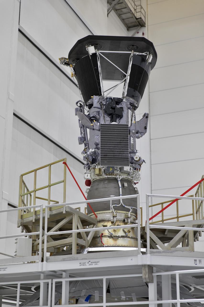 NASA's Parker Solar Probe stands inside the airlock at Astrotech processing facility in Titusville, Florida, near NASA's Kennedy Space Center, on Friday, July 13, 2018. The Parker Solar Probe will launch on a United Launch Alliance Delta IV Heavy rocket from Space Launch Complex 37 at Cape Canaveral Air Force Station in Florida. The mission will perform the closest-ever observations of a star when it travels through the Sun's atmosphere, called the corona. The probe will rely on measurements and imaging to revolutionize our understanding of the corona and the Sun-Earth connection.
