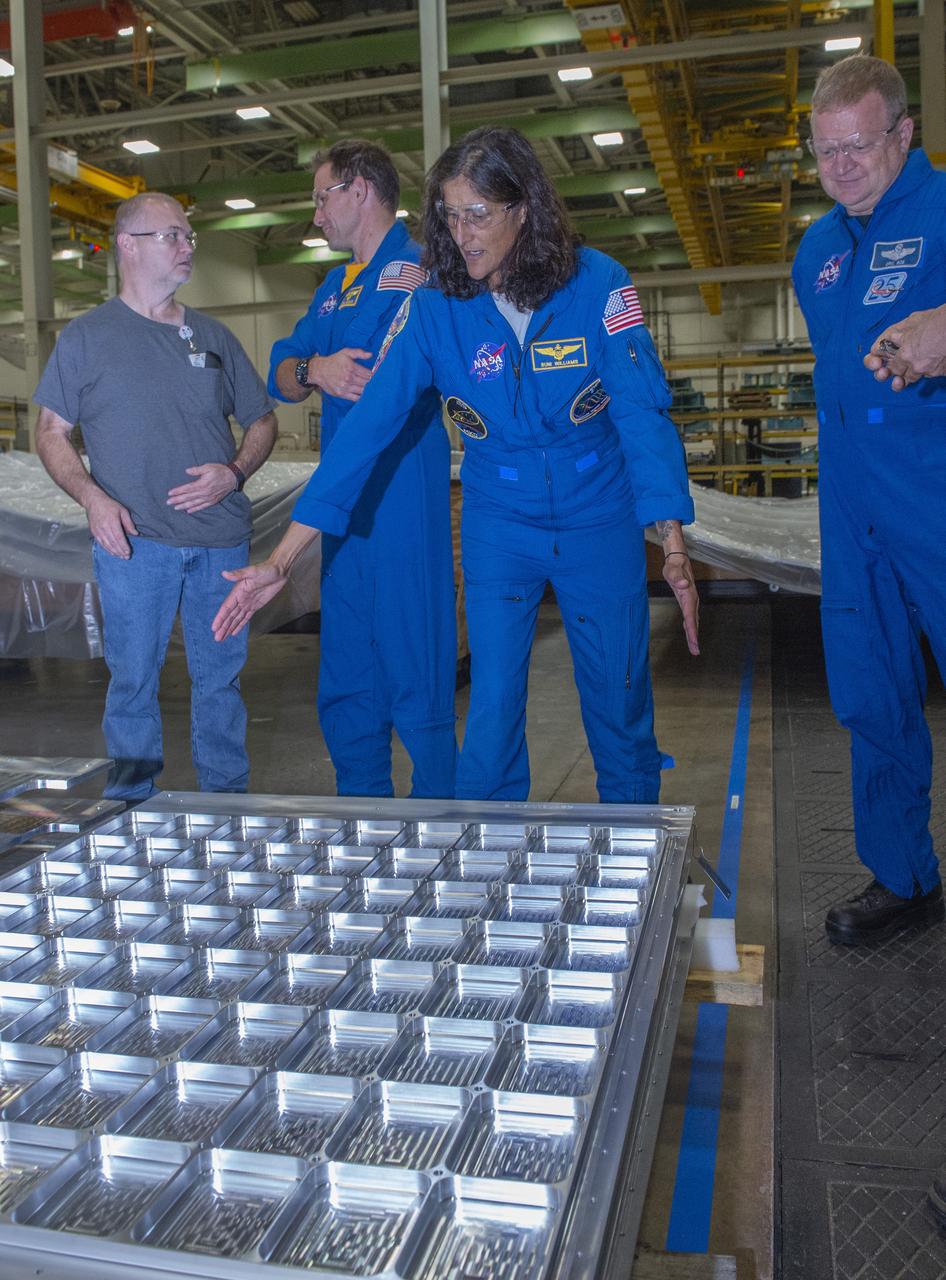 Commercial Crew astronauts toured the United Launch Alliance factory in Decatur, Alabama, on July 17, 2018. Viewing hardware to be used for upcoming commercial crew missions are, second from left, Josh Cassada, Suni Williams and Eric Boe.