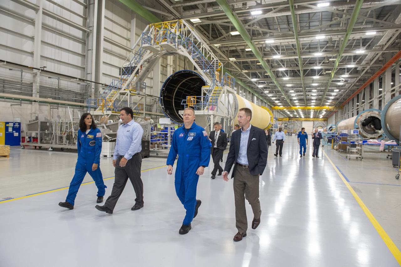 Commercial Crew astronauts toured the United Launch Alliance factory in Decatur, Alabama, on July 17, 2018. They viewed hardware to be used for upcoming commercial crew missions. At far left is Suni Williams, second from right is Eric Boe. Behind them, at right, is Josh Cassada.