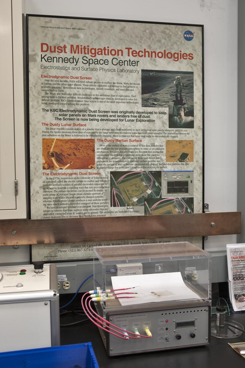 In the Electrostatics and Surface Physics Laboratory at NASA's Kennedy Space Center in Florida, an Electrostatic Dust Shield is prepared for testing on Thursday, July 19, 2018. Scientists are developing the Electrostatic Dust Shield to help mitigate the problem of dust on equipment, space suits and helmet visors of astronauts exploring the Moon or Mars. The device is being prepared for analysis aboard International Space Station in the spring of 2019 to verify the effects of the space environment.
