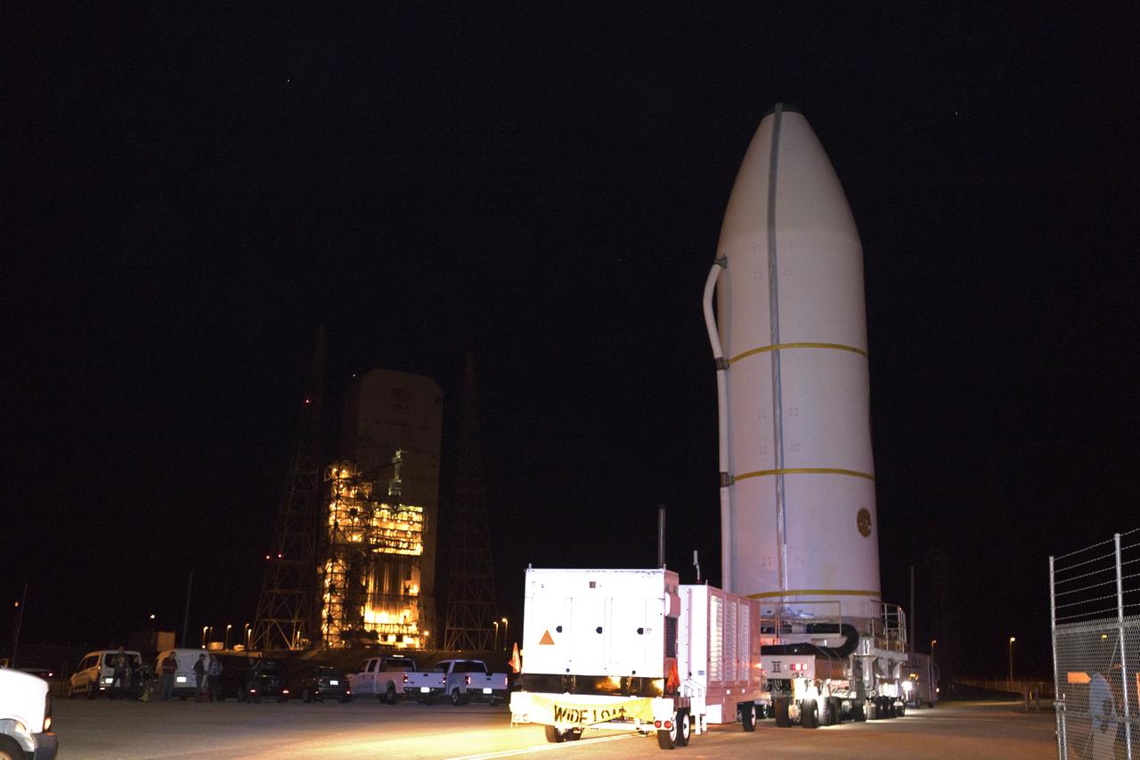 On Monday, July 30, 2018 NASA's Parker Solar Probe, encapsulated in its payload fairing, arrives at Space Launch Complex 37 at Cape Canaveral Air Force Station where it will be mated atop a United Launch Alliance Delta IV Heavy rocket. The mission will perform the closest-ever observations of a star when it travels through the Sun's atmosphere, called the corona. The probe will rely on measurements and imaging to revolutionize our understanding of the corona and the Sun-Earth connection.