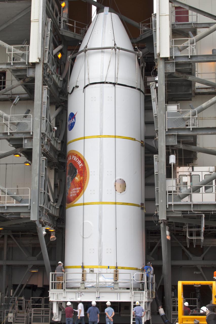 Encapsulated in its payload fairing, NASA's Parker Solar Probe is prepared to be lifted for mating to a United Launch Alliance Delta IV Heavy rocket at Cape Canaveral Air Force Station's Space Launch Complex 37 on Tuesday, July 31, 2018. The Parker Solar Probe is being prepared for a mission to perform the closest-ever observations of a star when it travels through the Sun's atmosphere, called the corona. The probe will rely on measurements and imaging to revolutionize our understanding of the corona and the Sun-Earth connection.