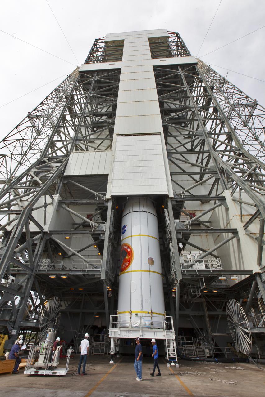 Encapsulated in its payload fairing, NASA's Parker Solar Probe is prepared to be lifted for mating to a United Launch Alliance Delta IV Heavy rocket at Cape Canaveral Air Force Station's Space Launch Complex 37 on Tuesday, July 31, 2018. The Parker Solar Probe is being prepared for a mission to perform the closest-ever observations of a star when it travels through the Sun's atmosphere, called the corona. The probe will rely on measurements and imaging to revolutionize our understanding of the corona and the Sun-Earth connection.