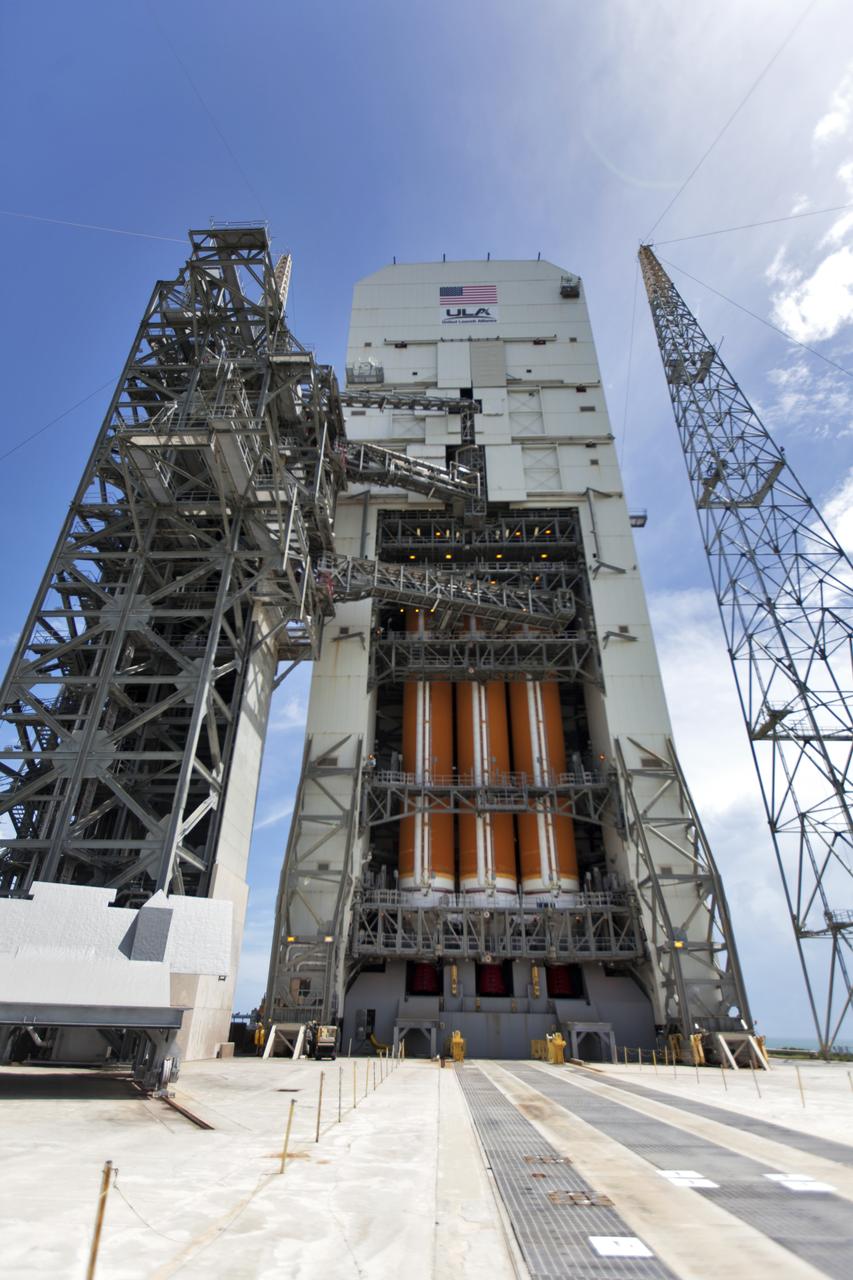 Encapsulated in its payload fairing, NASA's Parker Solar Probe has been mated to a United Launch Alliance Delta IV Heavy rocket at Cape Canaveral Air Force Station's Space Launch Complex 37 on Tuesday, July 31, 2018. The Parker Solar Probe is being prepared for a mission to perform the closest-ever observations of a star when it travels through the Sun's atmosphere, called the corona. The probe will rely on measurements and imaging to revolutionize our understanding of the corona and the Sun-Earth connection.