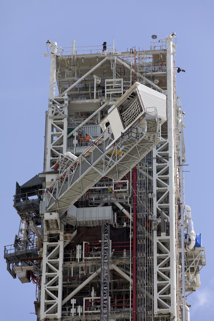 Technicians and engineers with Exploration Ground Systems at the NASA's Kennedy Space Center in Florida recently tested the Crew Access Arm (CAA) that was added on the mobile launcher being prepared to support the agency’s Orion spacecraft and Space Launch System rocket. The crucial test confirmed the functionality and integrity of the CAA. The CAA is designed to rotate from its retracted position and line up with Orion's crew hatch. The arm will provide entry and emergency egress for astronauts and technicians into and out of the Orion spacecraft.