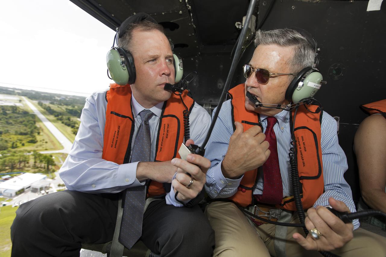 NASA Administrator Jim Bridenstine, left, made his first official visit to the agency's Kennedy Space Center on Monday, Aug. 6, 2018. His up-close look at the premier, multi-user spaceport began with Center Director Bob Cabana giving the administrator a helicopter tour over the bustling Florida spaceport that included the center's Industrial Area.