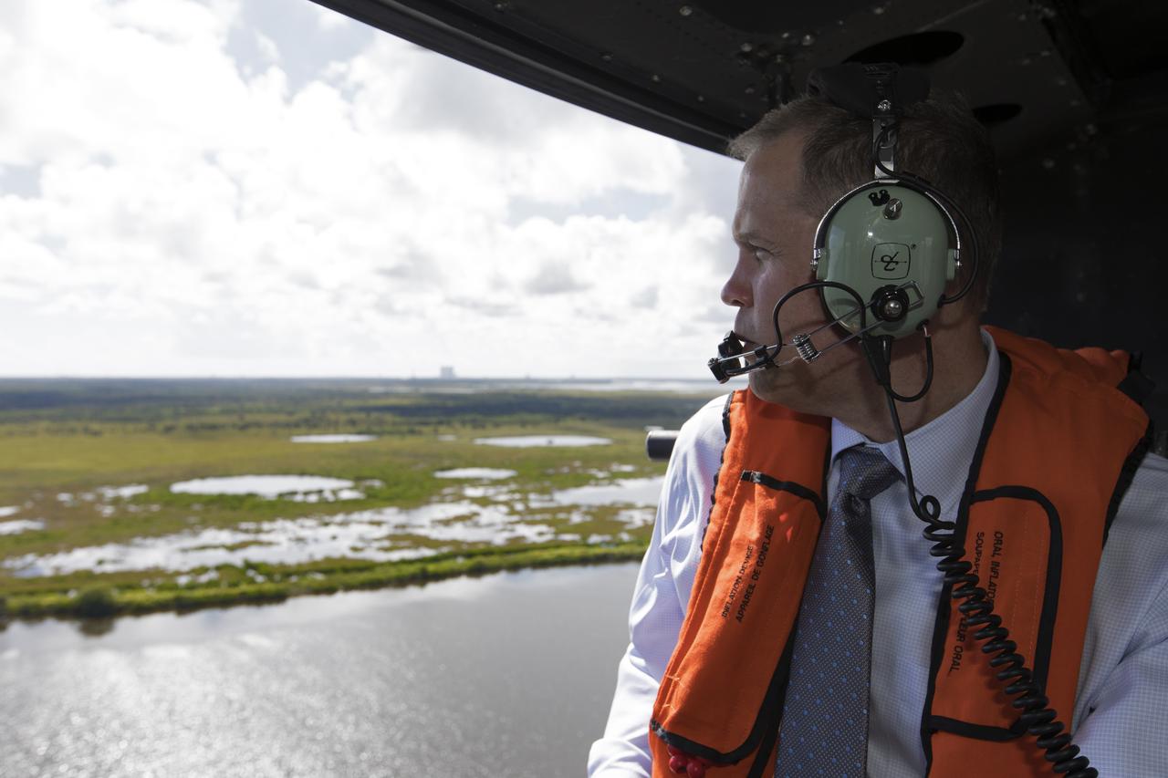 NASA Administrator Jim Bridenstine made his first official visit to the agency's Kennedy Space Center on Monday, Aug. 6, 2018. His up-close look at the premier, multi-user spaceport began with a helicopter tour over the bustling Florida spaceport.