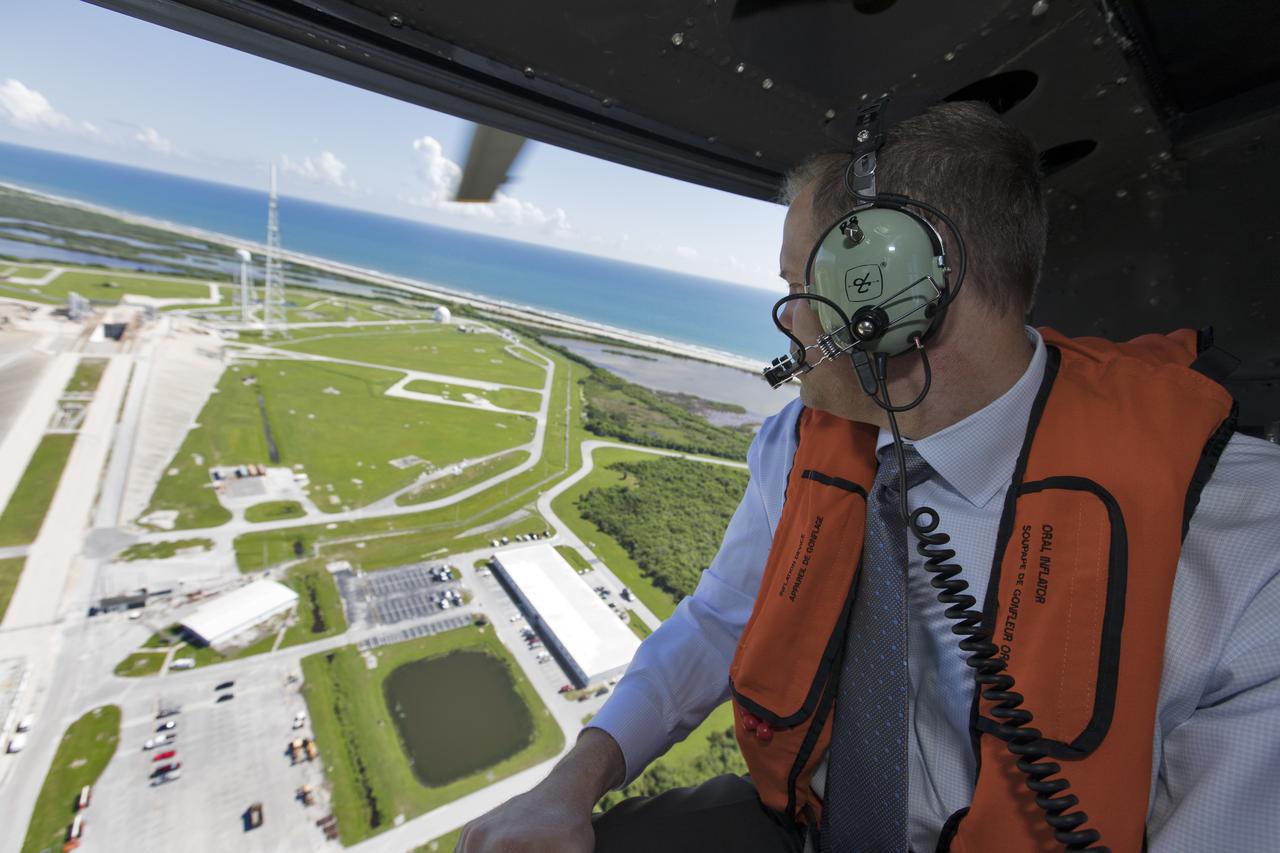 NASA Administrator Jim Bridenstine made his first official visit to the agency's Kennedy Space Center on Monday, Aug. 6, 2018. His up-close look at the premier, multi-user spaceport began with a helicopter tour over the bustling Florida spaceport that included the center's Launch Complex 39B. This will be the site where NASA's Space Launch System rocket and Orion spacecraft will liftoff on trips to the Moon, Mars and beyond.