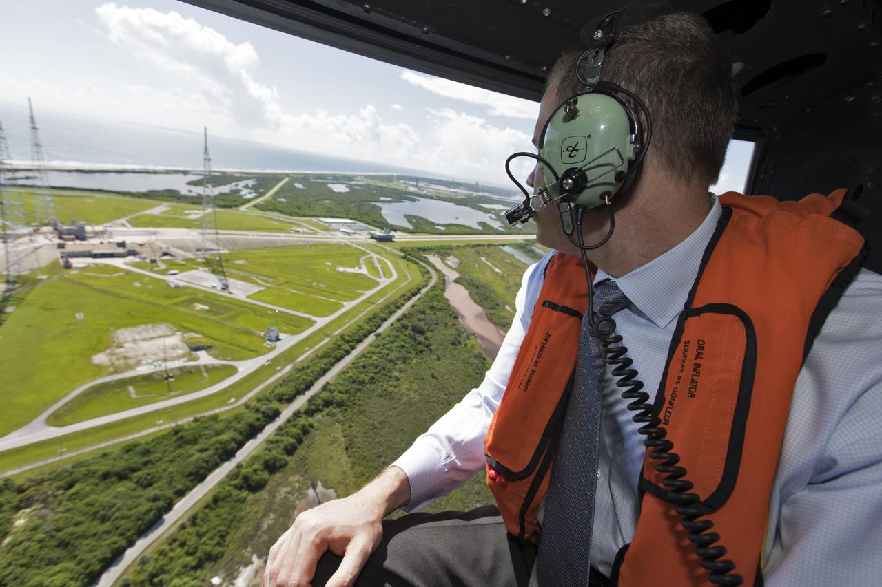 NASA Administrator Jim Bridenstine made his first official visit to the agency's Kennedy Space Center on Monday, Aug. 6, 2018. His up-close look at the premier, multi-user spaceport began with a helicopter tour over the bustling Florida spaceport that included the center's Launch Complex 39B. This will be the site where NASA's Space Launch System rocket and Orion spacecraft will liftoff on trips to the Moon, Mars and beyond.