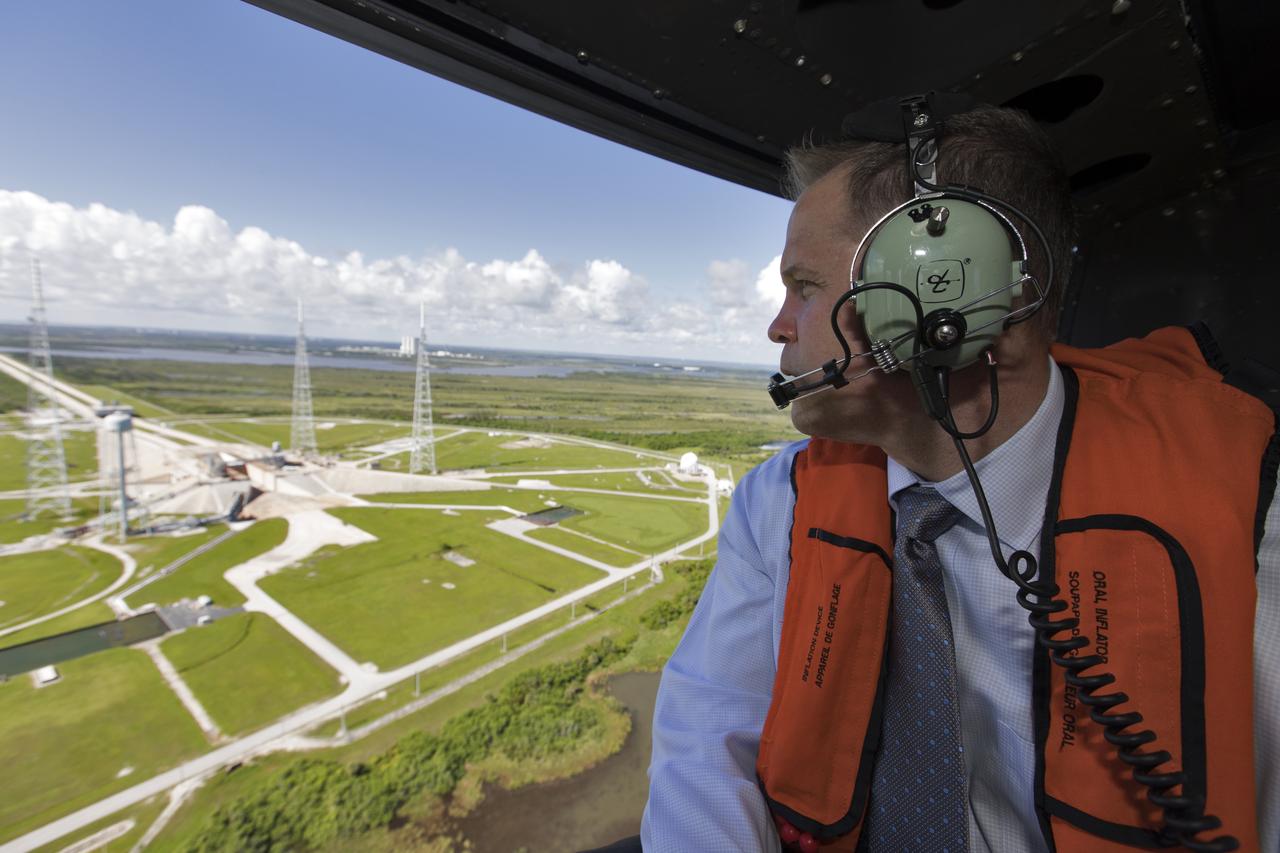 NASA Administrator Jim Bridenstine made his first official visit to the agency's Kennedy Space Center on Monday, Aug. 6, 2018. His up-close look at the premier, multi-user spaceport began with a helicopter tour over the bustling Florida spaceport that included the center's Launch Complex 39B. This will be the site where NASA's Space Launch System rocket and Orion spacecraft will liftoff on trips to the Moon, Mars and beyond.