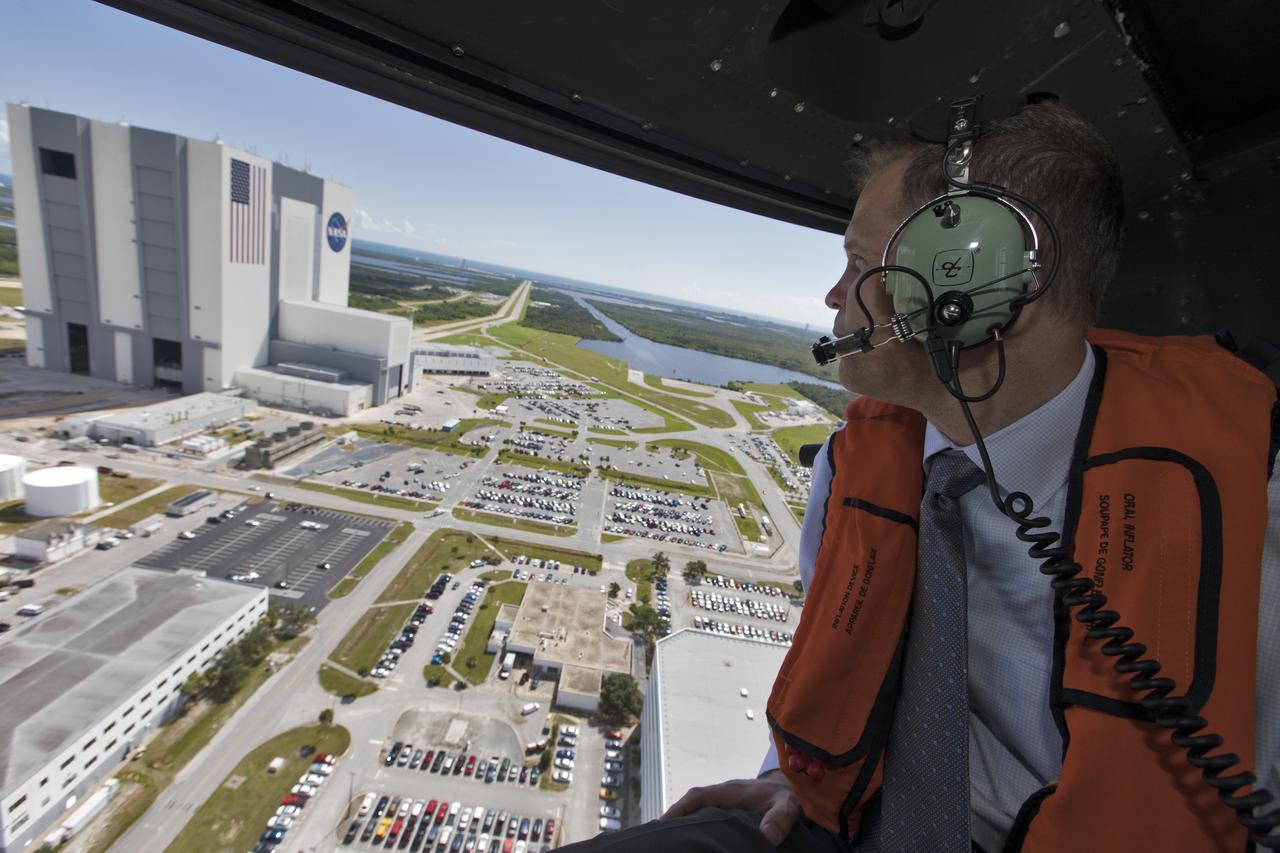 NASA Administrator Jim Bridenstine made his first official visit to the agency's Kennedy Space Center on Monday, Aug. 6, 2018. His up-close look at the premier, multi-user spaceport began with a helicopter tour over the bustling Florida spaceport that included the iconic Vehicle Assembly Building.