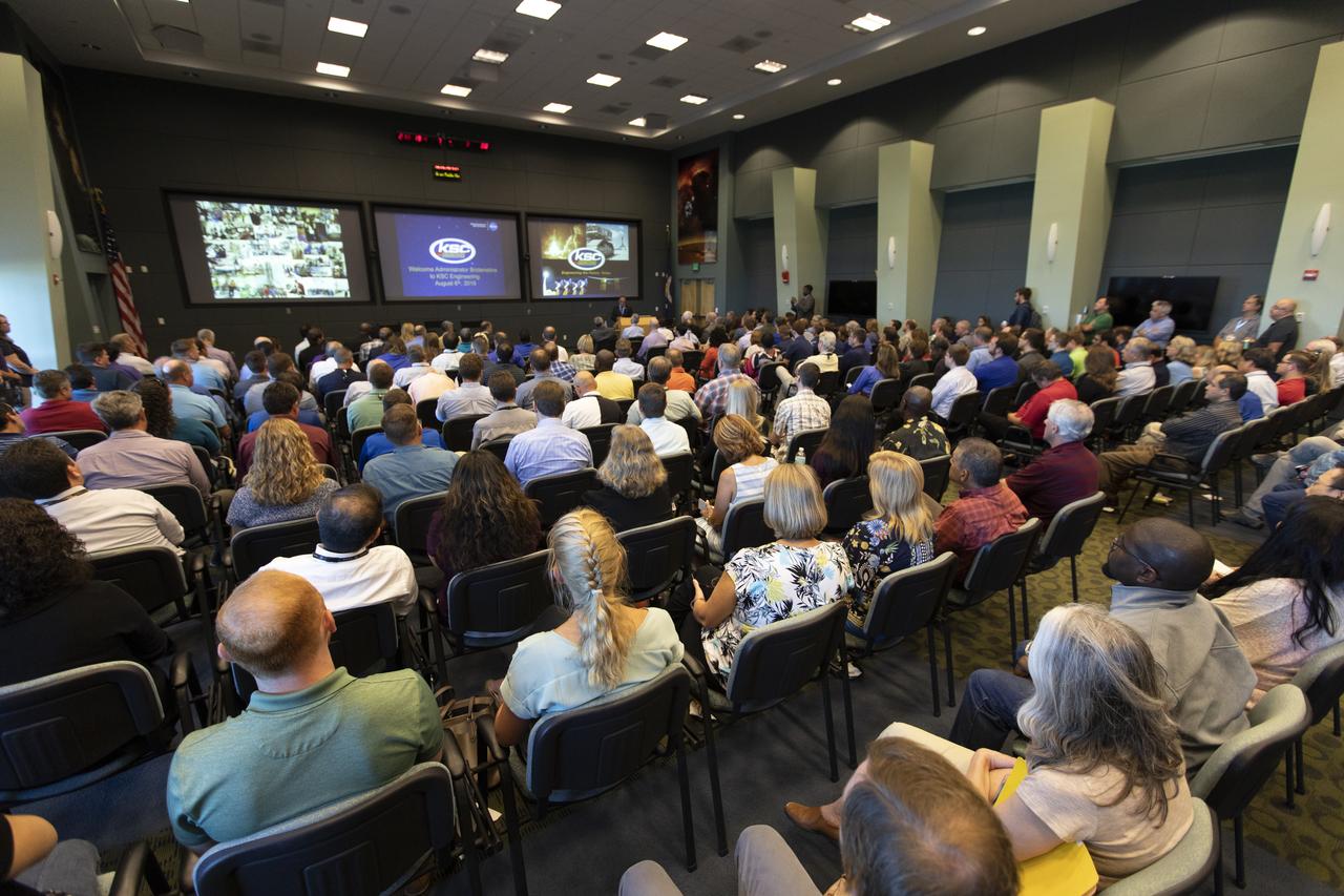 Employees of the Engineering Directorate at NASA's Kennedy Space Center gather in the conference room of Operations Support Building II for a presentation by NASA Administrator Jim Bridenstine. He made his first official visit to the Florida spaceport on Aug. 6 and 7, 2018.