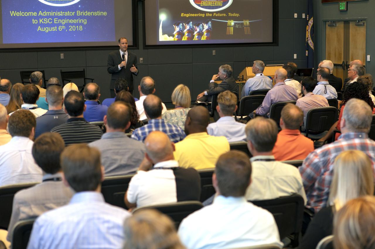 NASA Kennedy Space Center Engineering Directorate employees listen to a presentation by the agency's Administrator Jim Bridenstine. He made his first official visit to the Florida spaceport on Aug. 6 and 7, 2018.