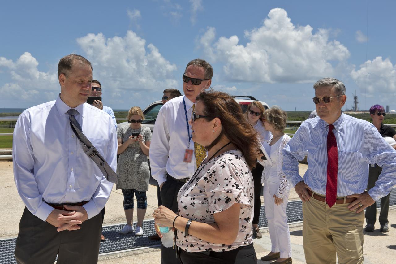 NASA Administrator Jim Bridenstine (left) is briefed on work taking place at Launch Complex 39B by the facility's senior project manager, Regina Spellman. This will be the site where NASA's Space Launch System rocket and Orion spacecraft will liftoff on trips to the Moon, Mars and deep space. Center Director Bob Cabana looks on from the right. Bridenstine made his first official visit to the Florida spaceport on Aug. 6 and 7, 2018.