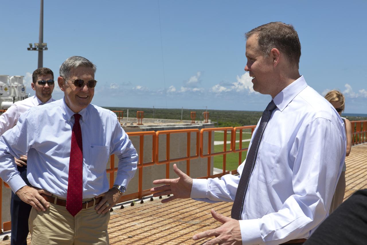 NASA Administrator Jim Bridenstine (right) is briefed on work taking place at Launch Complex 39B by Center Director Bob Cabana. This will be the site where NASA's Space Launch System rocket and Orion spacecraft will liftoff on trips to the Moon, Mars and deep space. Bridenstine made his first official visit to the Florida spaceport on Aug. 6 and 7, 2018.