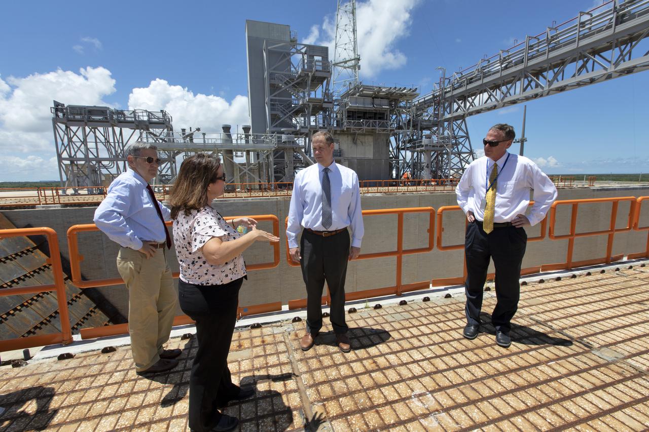 NASA Administrator Jim Bridenstine (second from the right) is briefed on work taking place at Launch Complex 39B by Center Director Bob Cabana (far left), and the facility's senior project manager, Regina Spellman (second from the left). This will be the site where NASA's Space Launch System rocket and Orion spacecraft will liftoff on trips to the Moon, Mars and deep space.. Bridenstine made his first official visit to the Florida spaceport on Aug. 6 and 7, 2018.