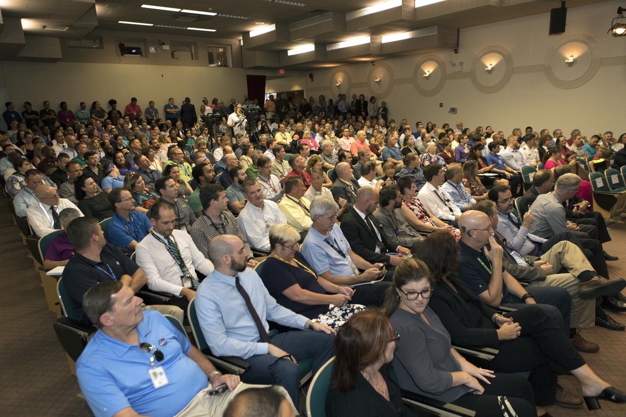 Kennedy Space Center workers attend an All Hands meeting with NASA Administrator Jim Bridenstine in the Training Auditorium at the center on Aug. 7, 2018.