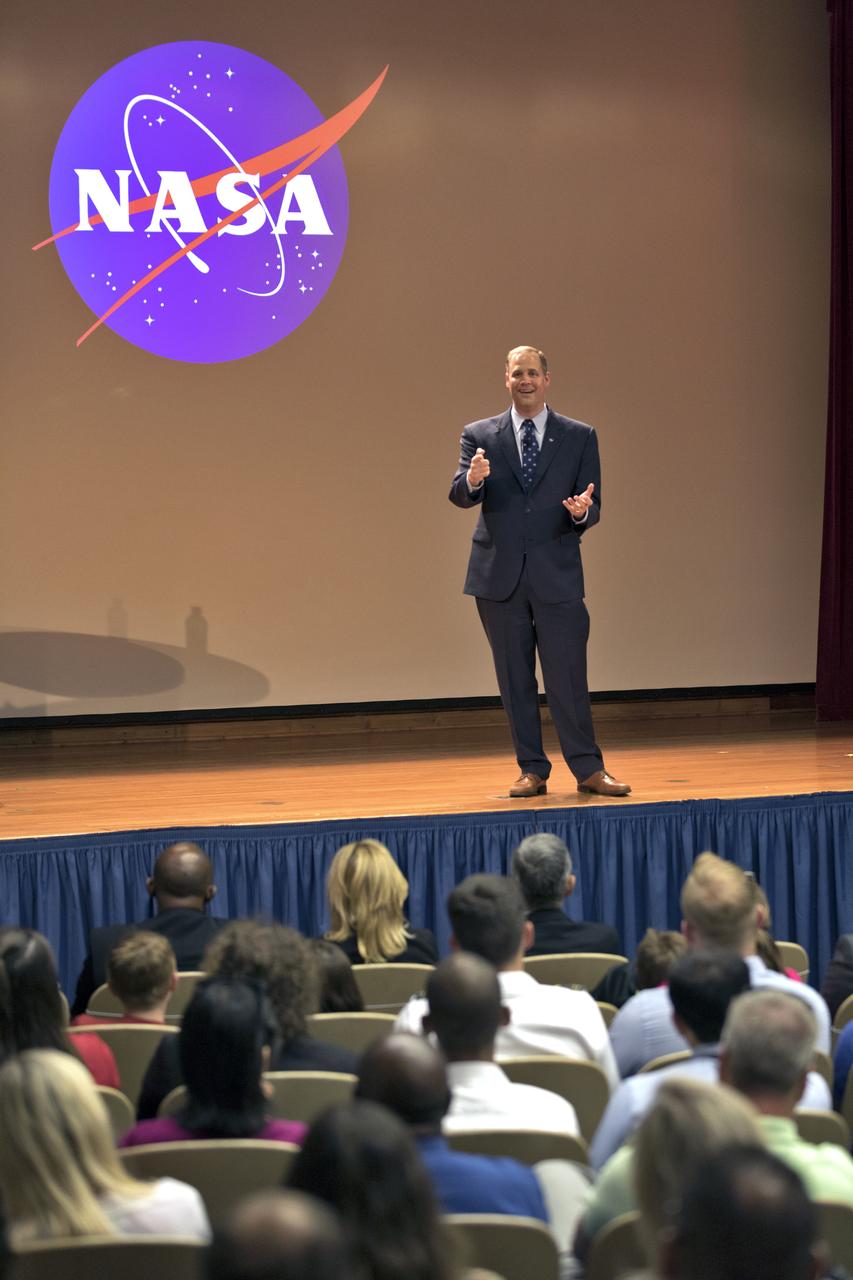NASA Administrator Jim Bridenstine talks with workers during an All Hands meeting on Aug. 7, 2018, in the Training Auditorium at the agency's Kennedy Space Center in Florida.