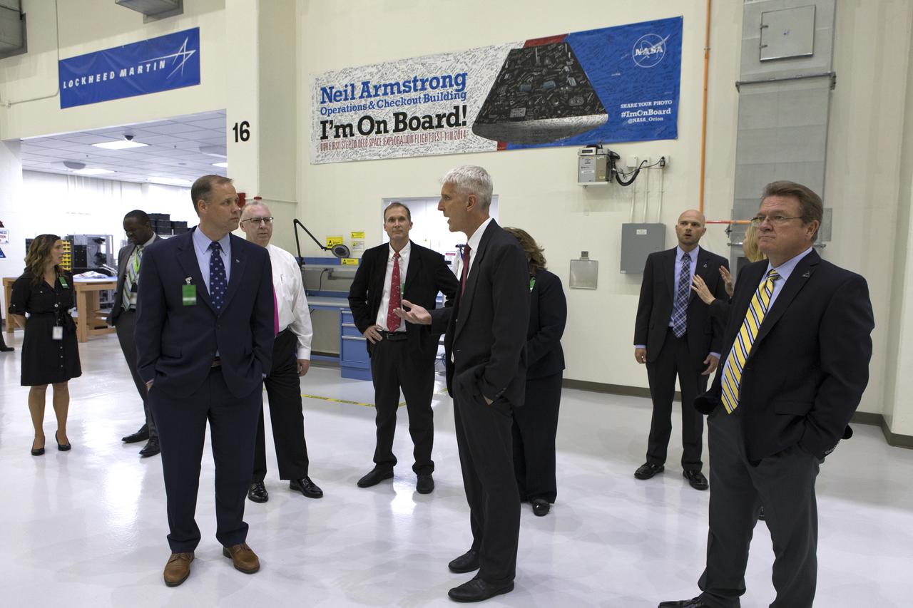 NASA Administrator Jim Bridenstine, left, talks with Scott Wilson, manager of production operations for the Orion Program, during a tour of the Neil Armstrong Operations and Checkout Building at NASA’s Kennedy Space Center on Tuesday, Aug. 7, 2018. Bridenstine made his first official visit to the Florida spaceport on Aug. 6 and 7.