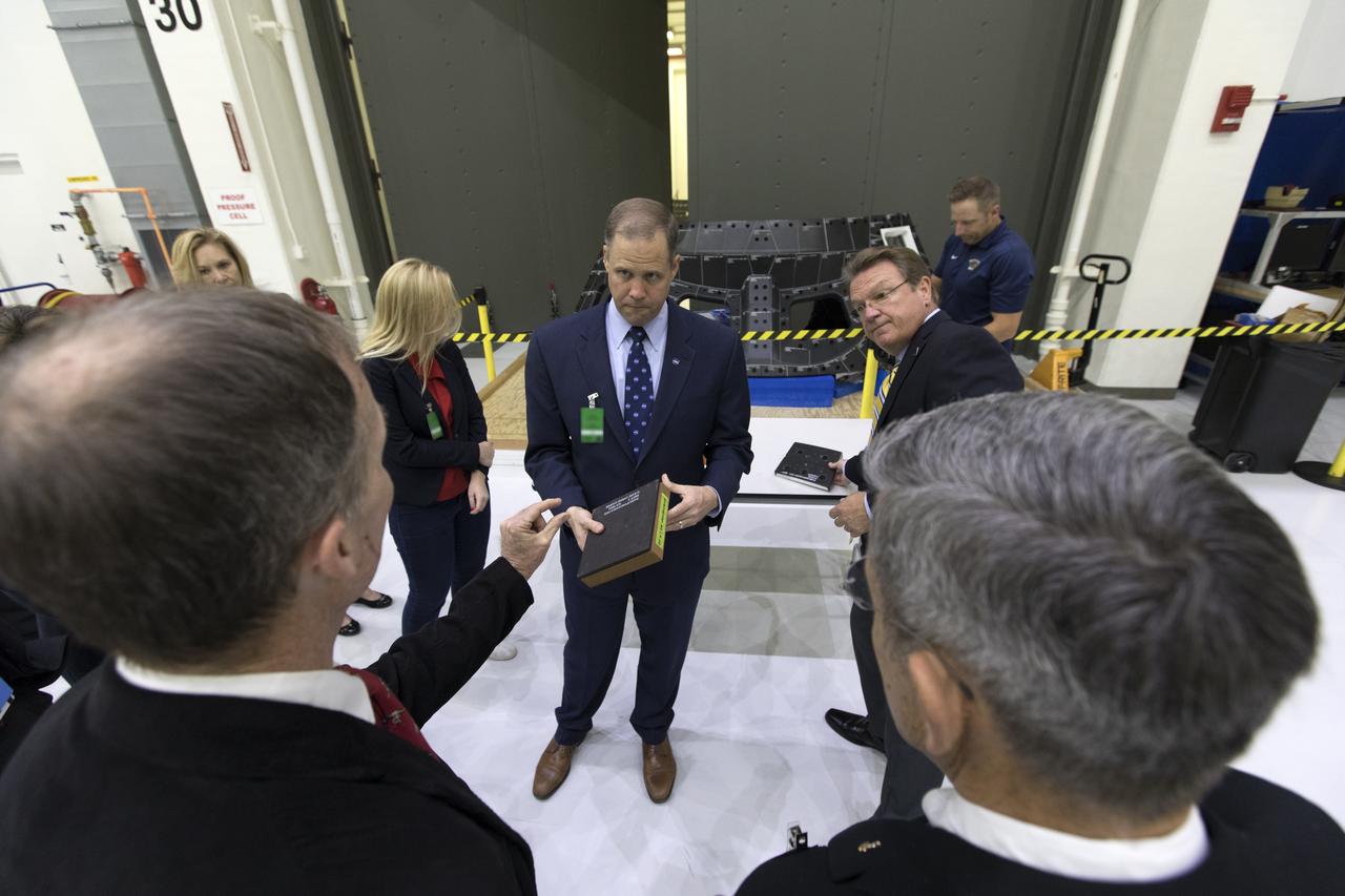 NASA Administrator Jim Bridenstine is updated on the progress of the Orion Program during a tour of NASA Kennedy Space Center’s Neil Armstrong Operations and Checkout Building on Tuesday, Aug. 7, 2018. Bridenstine made his first official visit to the Florida spaceport on Aug. 6 and 7.
