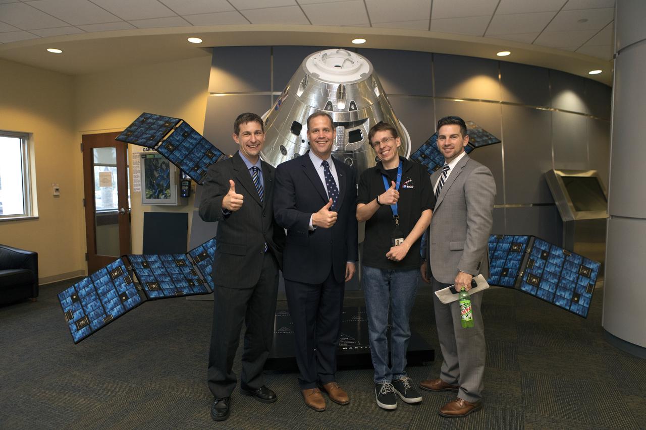 NASA Administrator Jim Bridenstine, second from left, poses with members of the Orion/Lockheed Martin team during a tour of Kennedy Space Center’s Neil Armstrong Operations and Checkout Building on Tuesday, Aug. 7, 2018. It was Bridenstine’s first official visit to the Florida spaceport.
