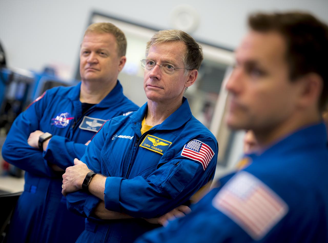 From left, commercial crew astronauts Eric Boe, Chris Ferguson and Josh Cassada visit Kennedy Space Center (KSC) in Florida shortly after they were officially assigned to fly on Boeing’s CST-100 Starliner. Fellow commercial crew astronauts Suni Williams and Nicole Mann also attended the trip to Boeing’s Commercial Crew and Cargo Processing Facility (C3PF) at KSC and Space Launch Complex 41 at Cape Canaveral Air Force Station to view progress on the Starliner and the launch pad. Boe, Ferguson and Mann will fly on Starliner in Boeing’s upcoming Crew Flight Test to the International Space Station (ISS). Cassada and Williams are assigned to Boeing’s first operational mission to the ISS. Photo credit: Boeing