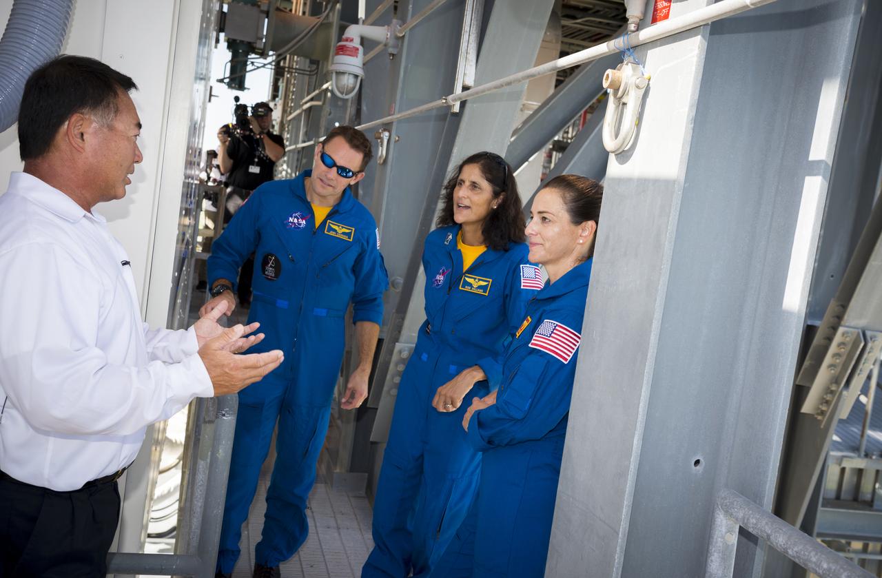 Commercial crew astronauts, from left, Josh Cassada, Suni Williams and Nicole Mann visit Kennedy Space Center (KSC) in Florida shortly after they were officially assigned to fly on Boeing’s CST-100 Starliner. Fellow commercial crew astronauts Eric Boe and Chris Ferguson also attended the trip to Boeing’s Commercial Crew and Cargo Processing Facility (C3PF) at KSC and Space Launch Complex 41 at Cape Canaveral Air Force Station to view progress on the Starliner and the launch pad. Boe, Ferguson and Mann will fly on Starliner in Boeing’s upcoming Crew Flight Test to the International Space Station (ISS). Cassada and Williams are assigned to Boeing’s first operational mission to the ISS. Photo credit: Boeing