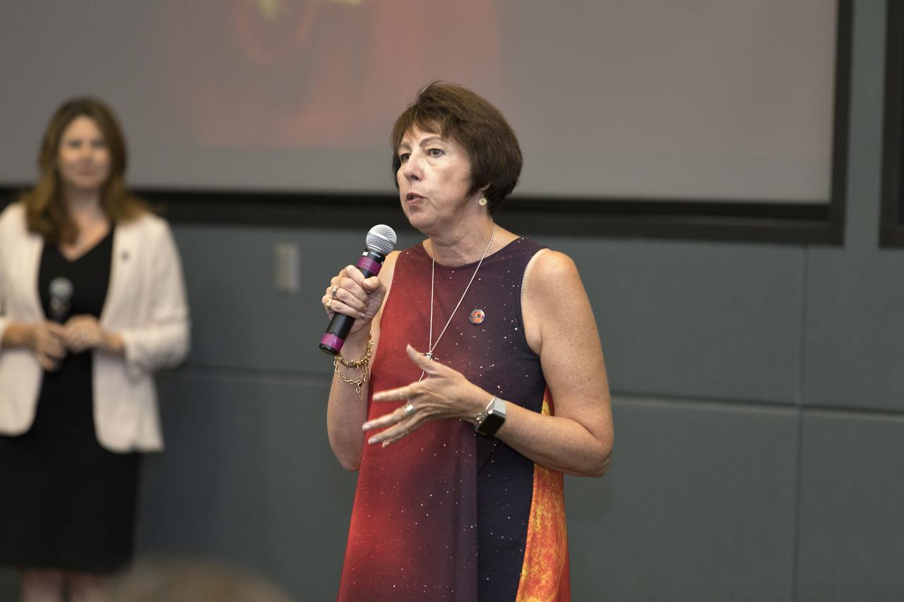 In the Kennedy Space Center's Operations and Support Building II, Thursday, Aug. 9, 2018, members of the media participate in a prelaunch mission briefing on NASA's Parker Solar Probe. Speaking to the media is Nicky Fox, Parker Solar Probe project scientist, Johnson Hopkins Applied Physics Laboratory. The Parker Solar Probe will lift off on a United Launch Alliance Delta IV Heavy rocket from Space Launch Complex 37 at Cape Canaveral Air Force Station in Florida. The spacecraft was built by Applied Physics Laboratory of Johns Hopkins University in Laurel, Maryland. The mission will perform the closest-ever observations of a star when it travels through the Sun's atmosphere, called the corona. The probe will rely on measurements and imaging to revolutionize our understanding of the corona and the Sun-Earth connection.