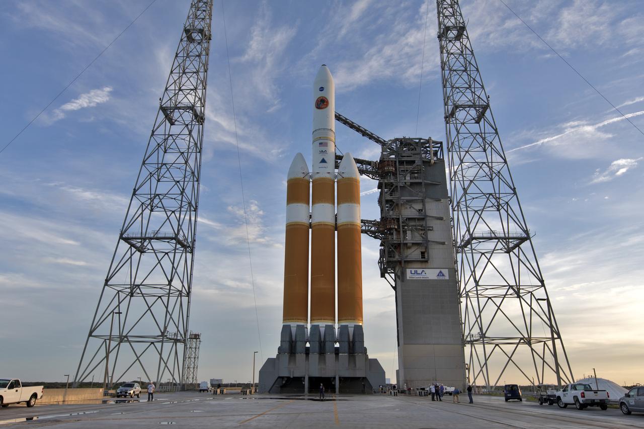 On Friday, Aug. 10, 2018, at Cape Canaveral Air Force Station in Florida, the United Launch Alliance Delta IV Heavy rocket stands ready to boost NASA's Parker Solar Probe on a mission to study the Sun following rollback of the Mobile Service Tower gantry at Space Launch Complex 37. Parker Solar Probe will perform the closest-ever observations of a star when it travels through the Sun's atmosphere, called the corona. The probe will rely on measurements and imaging to revolutionize our understanding of the corona and the Sun-Earth connection.