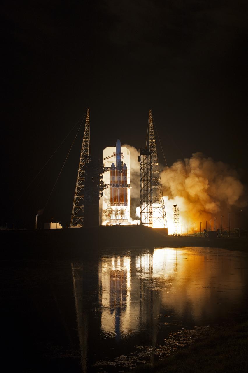 Lighting up the night sky at Cape Canaveral Air Force Station's Space Launch Complex 37, the United Launch Alliance Delta IV Heavy rocket with NASA's Parker Solar Probe, lifts off at 3:31 a.m. EDT on Sunday, Aug. 12, 2018. The spacecraft was built by Applied Physics Laboratory of Johns Hopkins University in Laurel, Maryland. The mission will perform the closest-ever observations of a star when it travels through the Sun's atmosphere, called the corona. The probe will rely on measurements and imaging to revolutionize our understanding of the corona and the Sun-Earth connection.