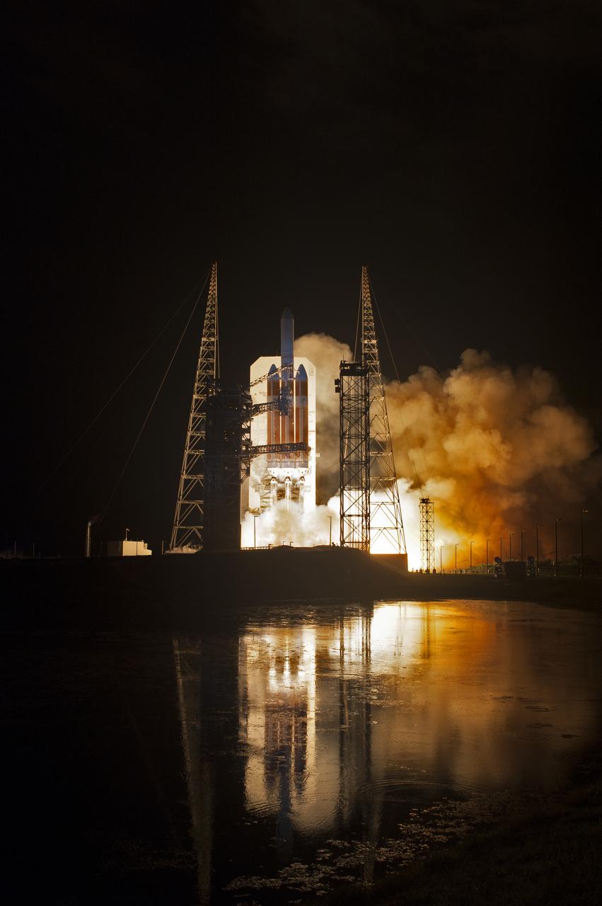 Lighting up the night sky at Cape Canaveral Air Force Station's Space Launch Complex 37, the United Launch Alliance Delta IV Heavy rocket with NASA's Parker Solar Probe, lifts off at 3:31 a.m. EDT on Sunday, Aug. 12, 2018. The spacecraft was built by Applied Physics Laboratory of Johns Hopkins University in Laurel, Maryland. The mission will perform the closest-ever observations of a star when it travels through the Sun's atmosphere, called the corona. The probe will rely on measurements and imaging to revolutionize our understanding of the corona and the Sun-Earth connection.