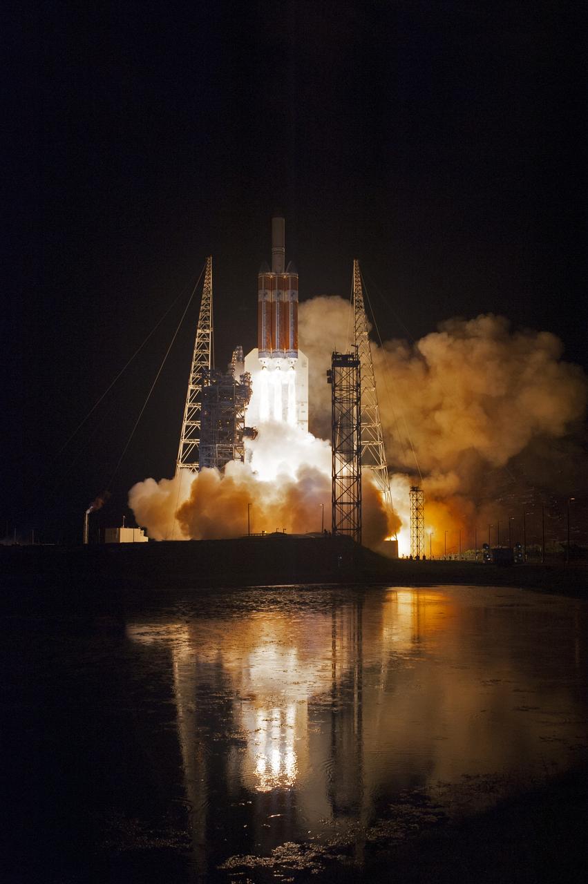 Lighting up the night sky at Cape Canaveral Air Force Station's Space Launch Complex 37, the United Launch Alliance Delta IV Heavy rocket with NASA's Parker Solar Probe, lifts off at 3:31 a.m. EDT on Sunday, Aug. 12, 2018. The spacecraft was built by Applied Physics Laboratory of Johns Hopkins University in Laurel, Maryland. The mission will perform the closest-ever observations of a star when it travels through the Sun's atmosphere, called the corona. The probe will rely on measurements and imaging to revolutionize our understanding of the corona and the Sun-Earth connection.
